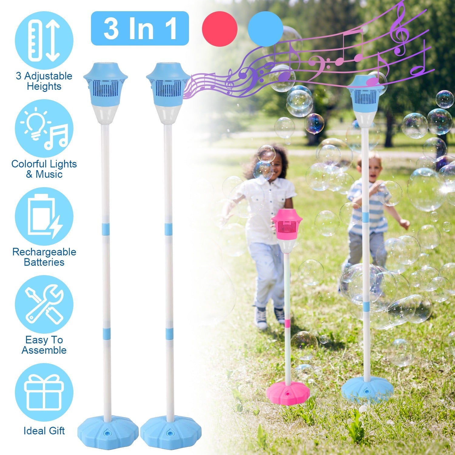 2Pack 3 In 1 Standing Bubble Machines With Colorful Lights And Music Rechargeable Bubble Maker Stands With 2 Modes 3 Adjustable Height For Party Wedding Indoor Outdoor Occasions Pets Kids